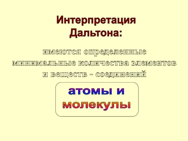 Интерпретация Дальтона: имеются определенные минимальные количества элементов и веществ - соединений