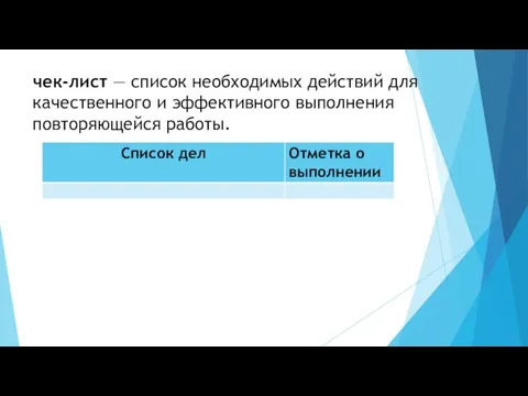 чек-лист — список необходимых действий для качественного и эффективного выполнения повторяющейся работы.