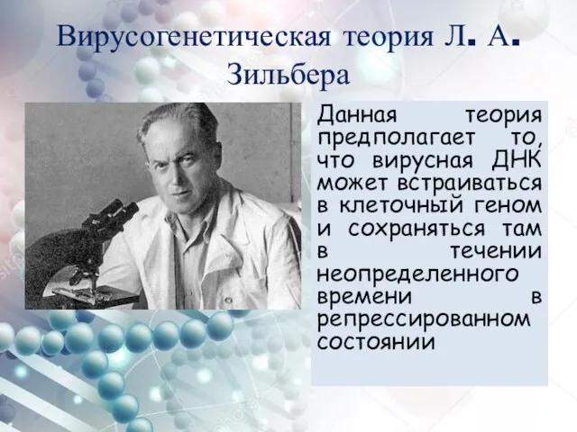 Вирусогенетическая теория Л. А. Зильбера Данная теория предполагает то, что вирусная ДНК