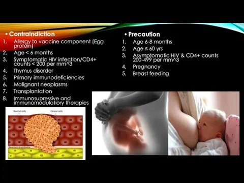 Contraindiction Allergy to vaccine component (Egg protein) Age Symptomatic HIV infection/CD4+ counts