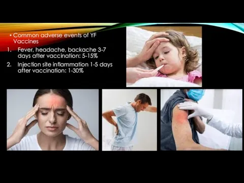 Common adverse events of YF Vaccines Fever, headache, backache 3-7 days after