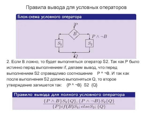 Правила вывода для условных операторов 2. Если B ложно, то будет выполняться