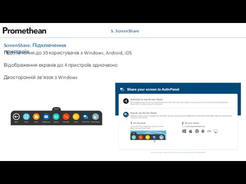 5. ScreenShare ScreenShare. Підключення пристроїв Підключення до 39 користувачів з Windows, Android,