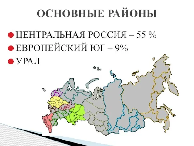 ОСНОВНЫЕ РАЙОНЫ ЦЕНТРАЛЬНАЯ РОССИЯ – 55 % ЕВРОПЕЙСКИЙ ЮГ – 9% УРАЛ – 9 %