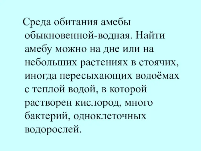 Среда обитания амебы обыкновенной-водная. Найти амебу можно на дне или на небольших