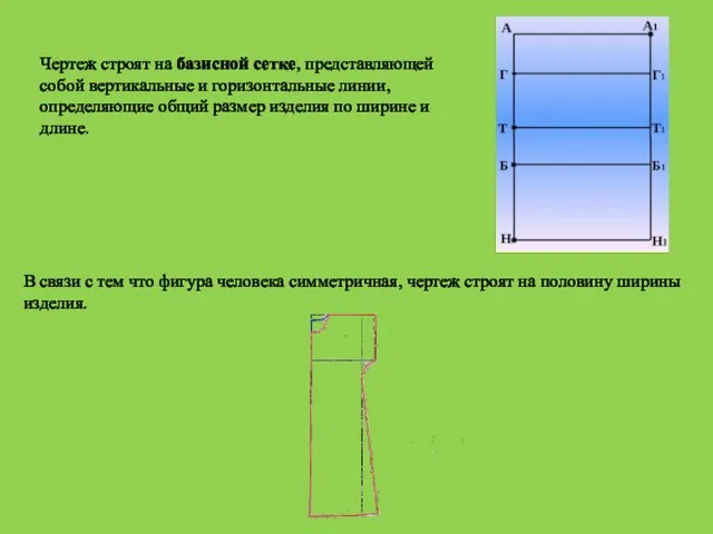 Чертеж строят на базисной сетке, представляющей собой вертикальные и горизонтальные линии, определяющие