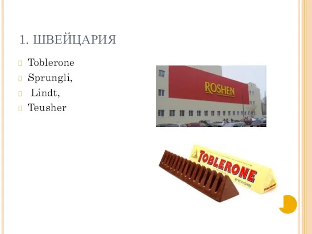 1. ШВЕЙЦАРИЯ Toblerone Sprungli, Lindt, Teusher