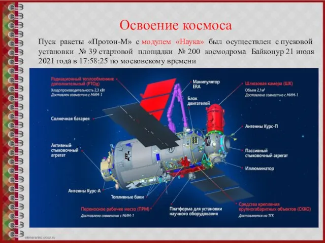 Освоение космоса Пуск ракеты «Протон-М» с модулем «Наука» был осуществлен с пусковой