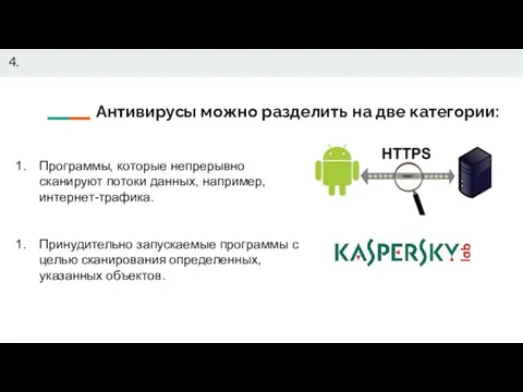 4. Антивирусы можно разделить на две категории: Программы, которые непрерывно сканируют потоки