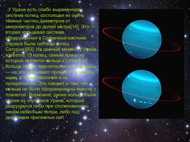 У Урана есть слабо выраженная система колец, состоящая из очень тёмных частиц