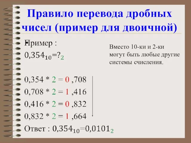 Правило перевода дробных чисел (пример для двоичной) Вместо 10-ки и 2-ки могут