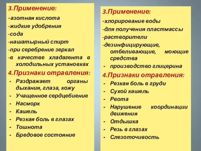 3.Применение: -азотная кислота -жидкие удобрения -сода -нашатырный спирт -при серебрение зеркал -в