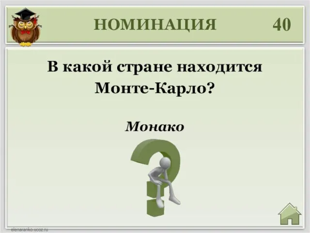 НОМИНАЦИЯ 40 Монако В какой стране находится Монте-Карло?