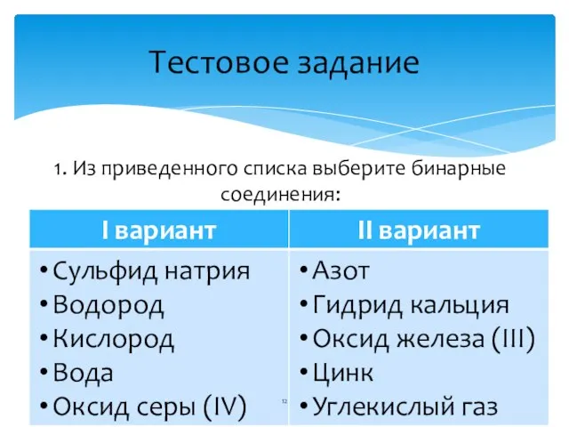 1. Из приведенного списка выберите бинарные соединения: Тестовое задание