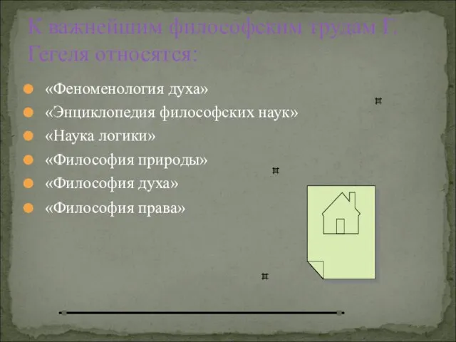 «Феноменология духа» «Энциклопедия философских наук» «Наука логики» «Философия природы» «Философия духа» «Философия