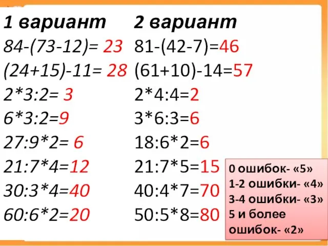 1 вариант 84-(73-12)= 23 (24+15)-11= 28 2*3:2= 3 6*3:2=9 27:9*2= 6 21:7*4=12