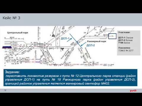 Кейс № 3 Задание: переставить локомотив резервом с пути № 12 Центрального