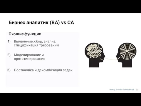 Бизнес аналитик (BA) vs СА Схожие функции Выявление, сбор, анализ, спецификация требований