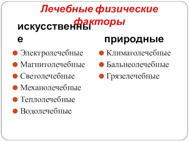 Лечебные физические факторы искусственные природные Электролечебные Магнитолечебные Светолечебные Механолечебные Теплолечебные Водолечебные Климатолечебные Бальнеолечебные Грязелечебные