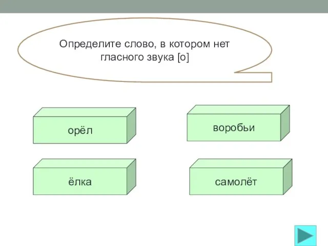 Определите слово, в котором нет гласного звука [о] орёл ёлка самолёт воробьи