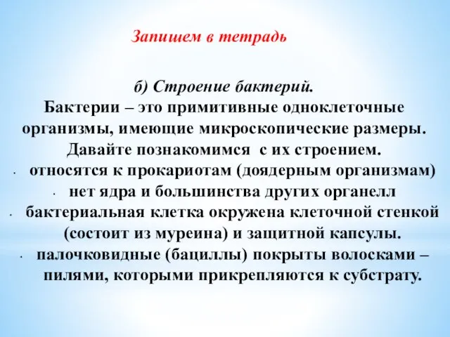 б) Строение бактерий. Бактерии – это примитивные одноклеточные организмы, имеющие микроскопические размеры.