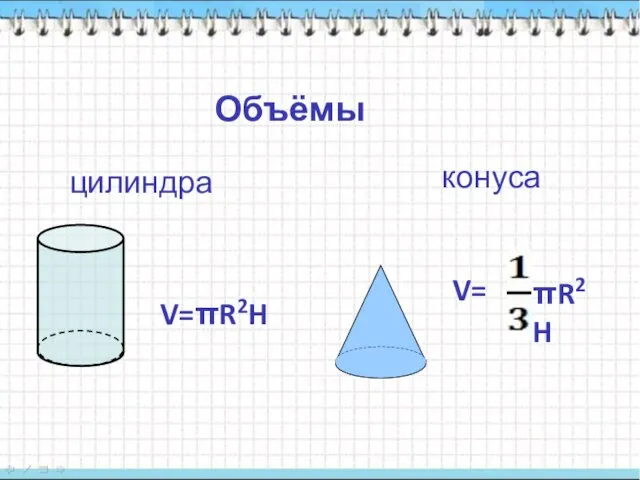 Объёмы цилиндра конуса V=πR2H