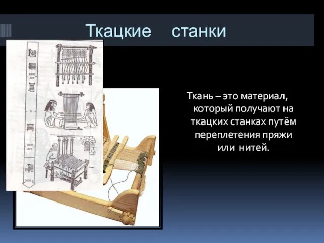 Ткацкие станки Ткань – это материал,который получают на ткацких станках путём переплетения пряжи или нитей.