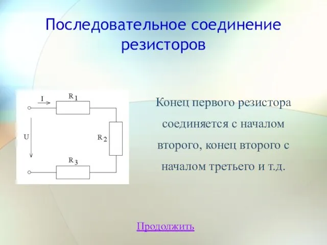 Последовательное соединение резисторов Продолжить Конец первого резистора соединяется с началом второго, конец