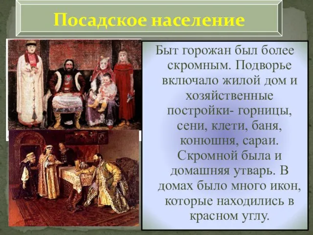 Посадское население Быт горожан был более скромным. Подворье включало жилой дом и