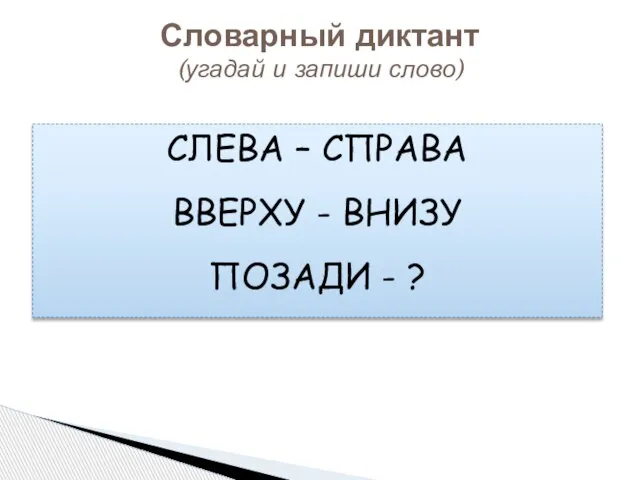 Словарный диктант (угадай и запиши слово) СЛЕВА – СПРАВА ВВЕРХУ - ВНИЗУ ПОЗАДИ - ?