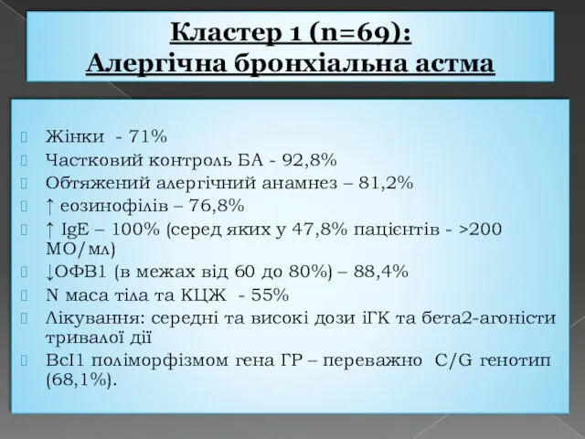 Кластер 1 (n=69): Алергічна бронхіальна астма Жінки - 71% Частковий контроль БА