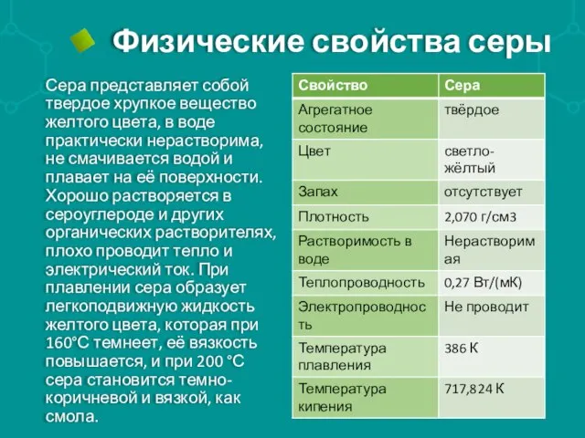 Физические свойства серы Сера представляет собой твердое хрупкое вещество желтого цвета, в