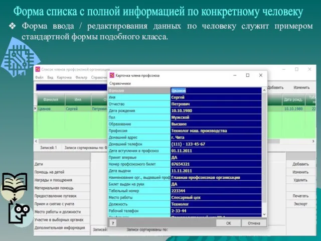 Форма списка с полной информацией по конкретному человеку Форма ввода / редактирования