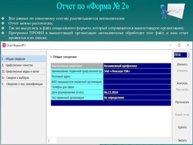 Все данные по списочному составу рассчитываются автоматически; Отчет можно распечатать; Так же