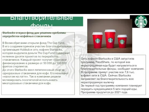 Благотворительные фонды Сеть кофеен Starbucks в США запустила программу FoodShare, по которой