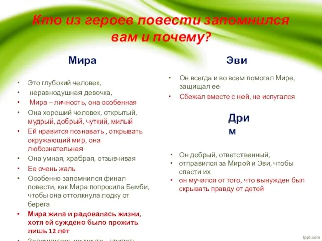 Кто из героев повести запомнился вам и почему? Мира Это глубокий человек,