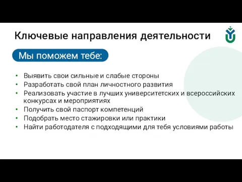 Ключевые направления деятельности Выявить свои сильные и слабые стороны Разработать свой план