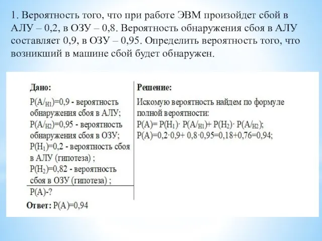 1. Вероятность того, что при работе ЭВМ произойдет сбой в АЛУ –