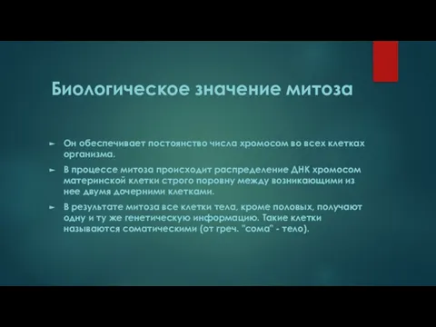 Биологическое значение митоза Он обеспечивает постоянство числа хромосом во всех клетках организма.