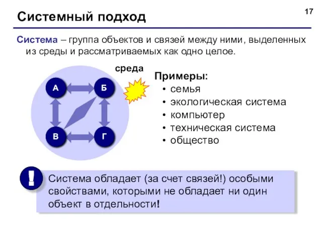 Системный подход Система – группа объектов и связей между ними, выделенных из