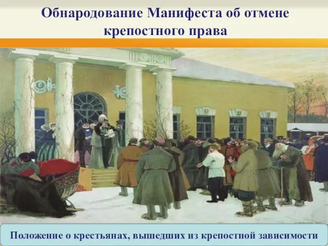 Обнародование Манифеста об отмене крепостного права Положение о крестьянах, вышедших из крепостной зависимости