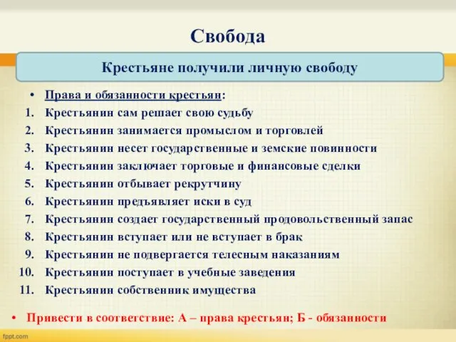 Свобода Привести в соответствие: А – права крестьян; Б - обязанности Крестьяне