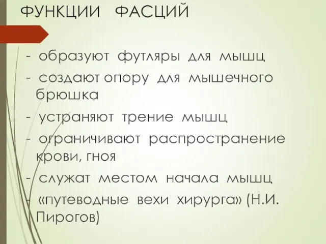 ФУНКЦИИ ФАСЦИЙ - образуют футляры для мышц - создают опору для мышечного