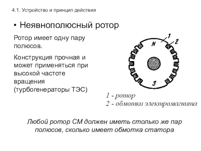 4.1. Устройство и принцип действия Неявнополюсный ротор Ротор имеет одну пару полюсов.