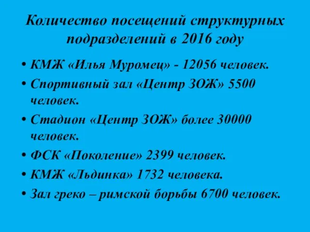 Количество посещений структурных подразделений в 2016 году КМЖ «Илья Муромец» - 12056