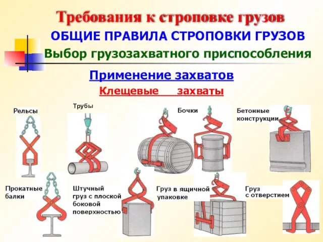 Требования к строповке грузов ОБЩИЕ ПРАВИЛА СТРОПОВКИ ГРУЗОВ Выбор грузозахватного приспособления Применение захватов Клещевые захваты Трубы