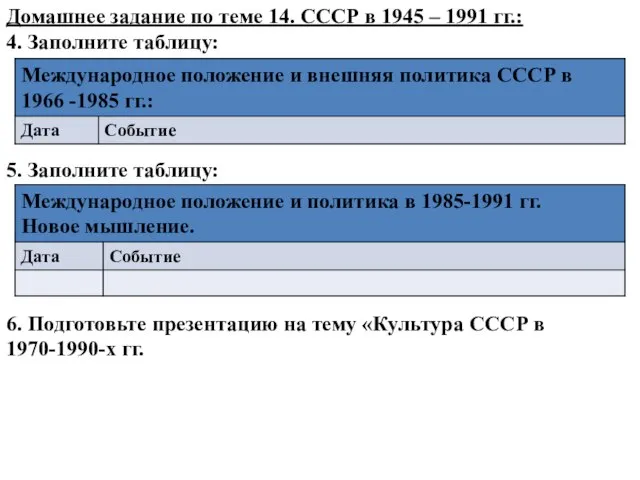 Домашнее задание по теме 14. СССР в 1945 – 1991 гг.: 4.