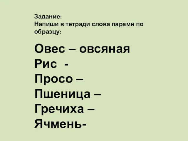 Задание: Напиши в тетради слова парами по образцу: Овес – овсяная Рис