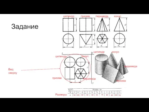 Задание цилиндр призма пирамида конус конус пирамида призма цилиндр цилиндр призма пирамида конус Размеры Вид сверху