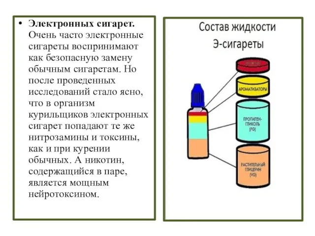 Электронных сигарет. Очень часто электронные сигареты воспринимают как безопасную замену обычным сигаретам.